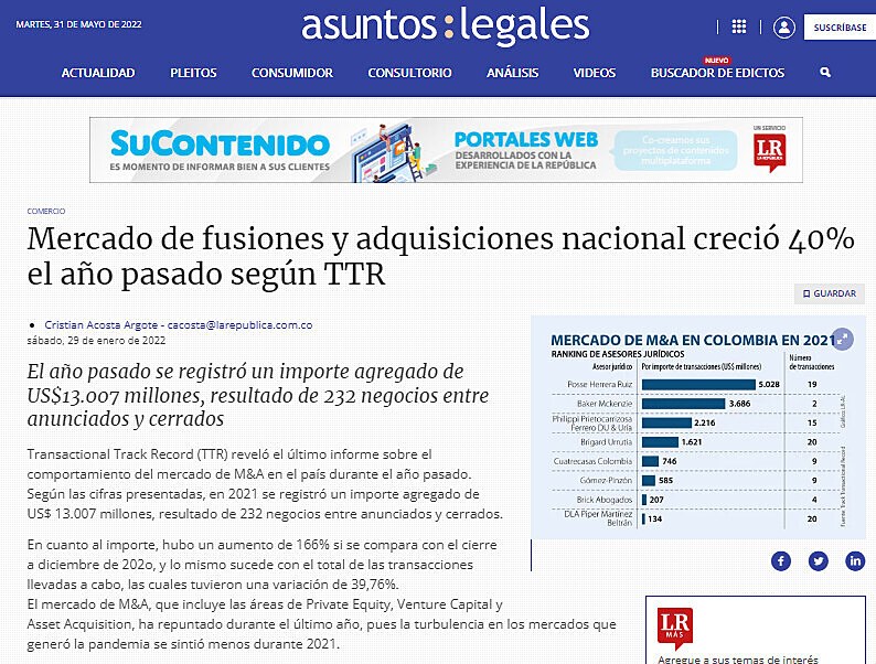 Mercado de fusiones y adquisiciones nacional creci 40% el ao pasado segn TTR